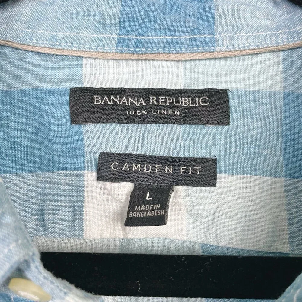 Banana Republic Men's Large Camden Fit 100% Linen Plaid Shirt Collare Button Blu